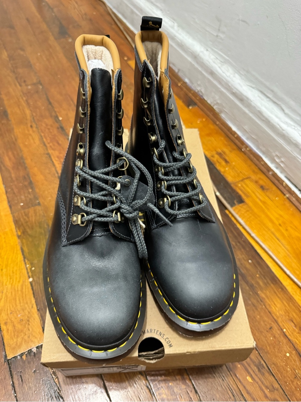 Dr. Martens Black Leather Lace-Up Boots with Yellow Stitching